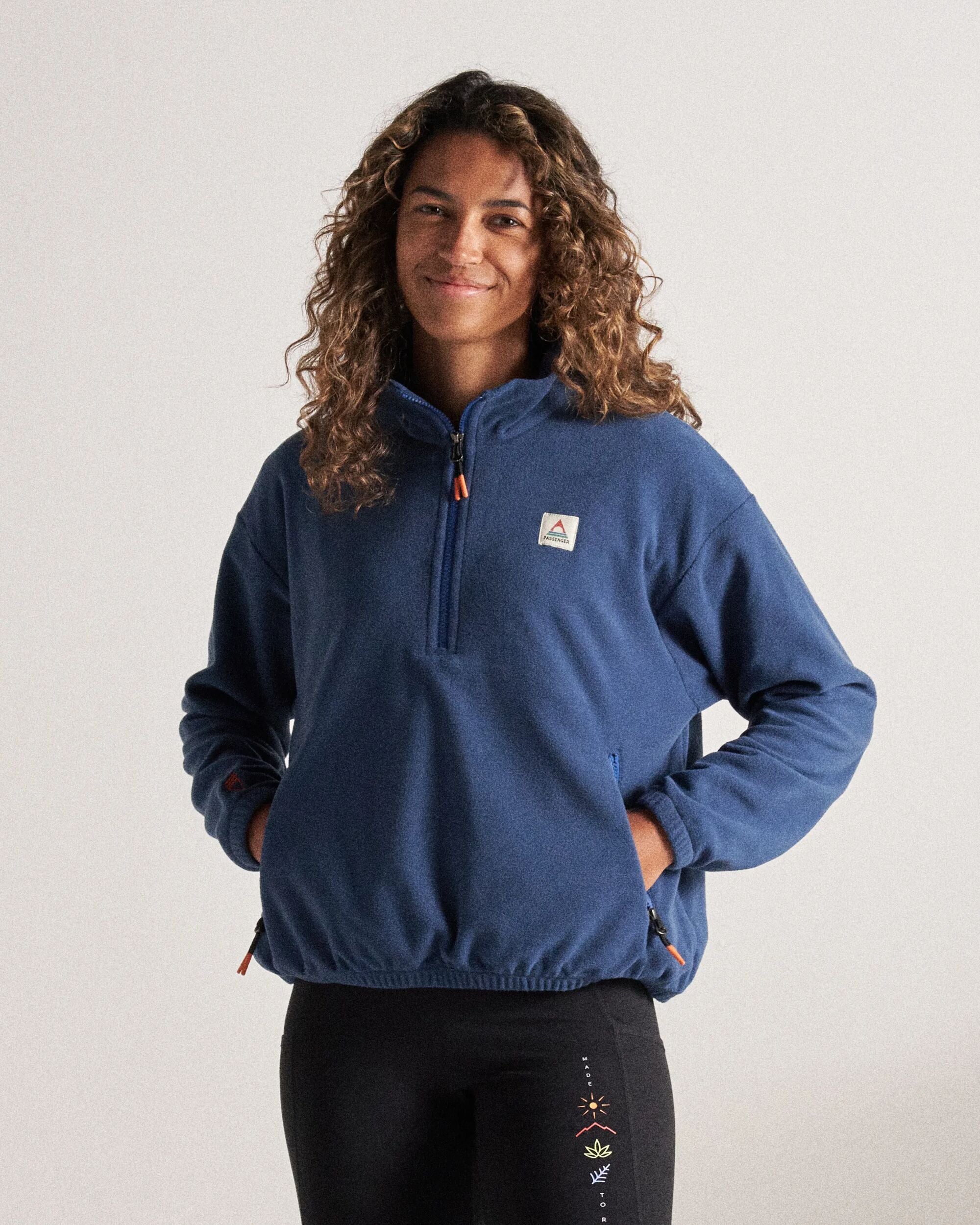 Ayla Recycled Micro Polartec® Fleece - Dark Denim - Studio Model
