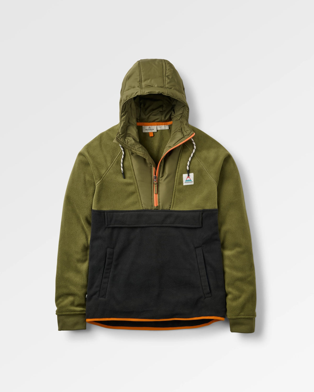 Woodland Hooded 1/2 Zip Recycled Polar Fleece - True Black/ Khaki - Flatlay