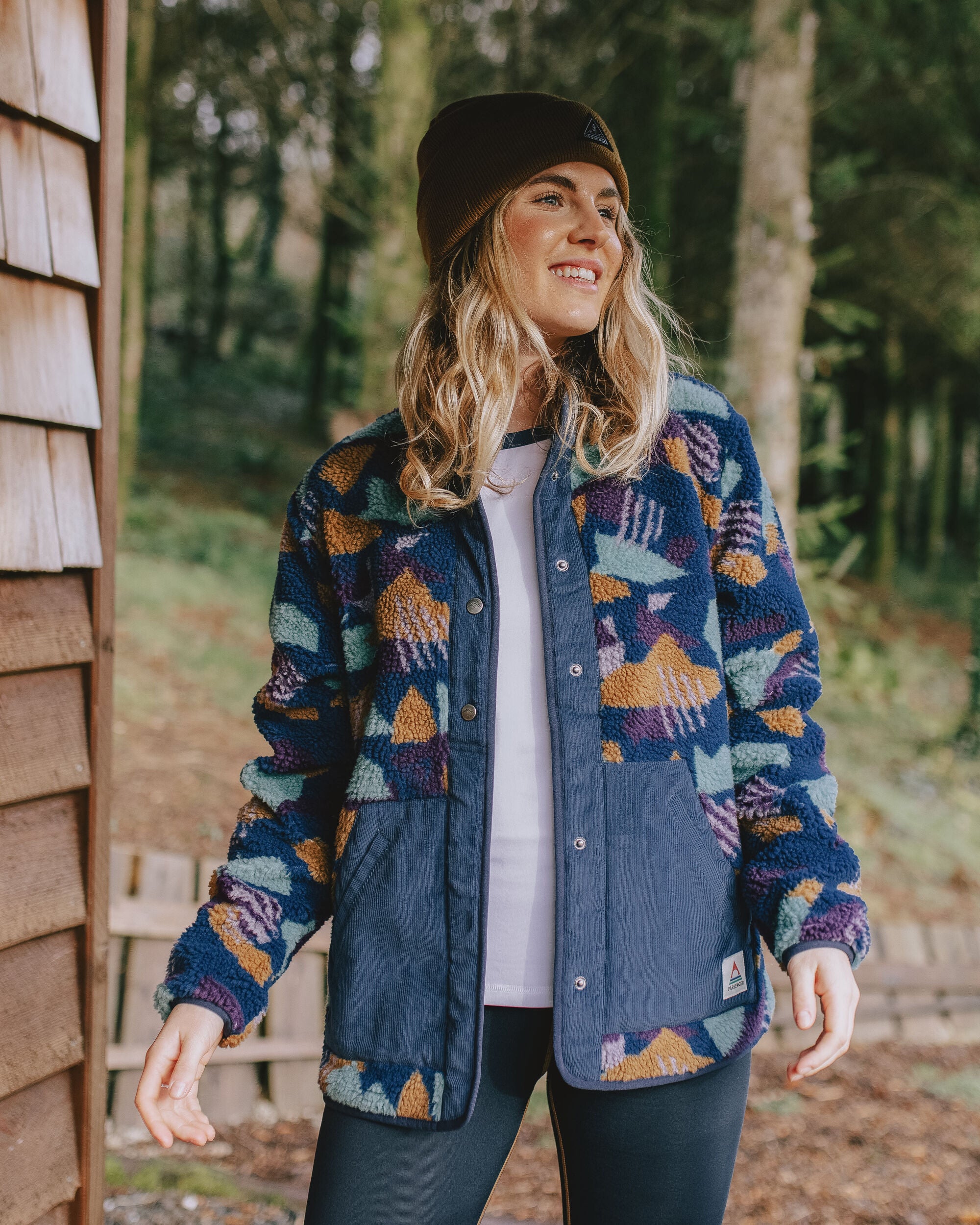 Clover Recycled Cotton-Lined Sherpa Fleece - Deep Blue Camo Pattern - Lifestyle