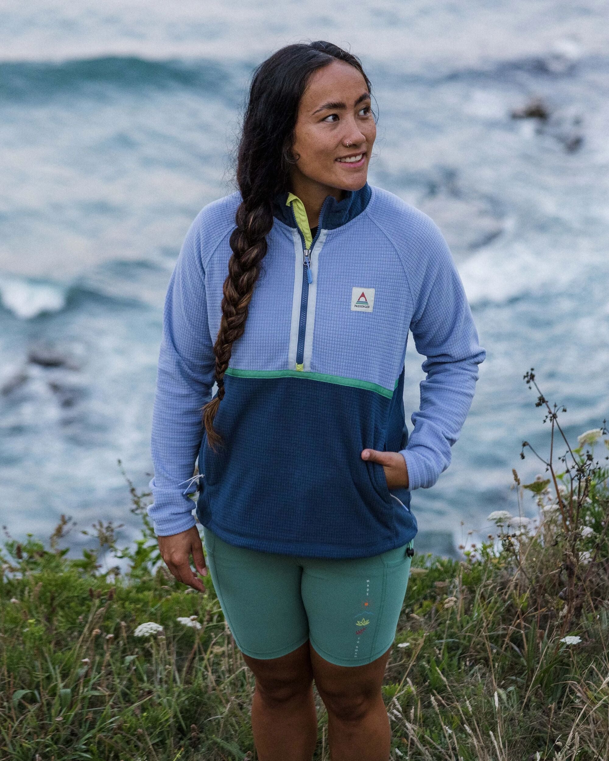 Off Trail Recycled Grid Polar Fleece - Cornflower/Dark Denim - Lifestyle