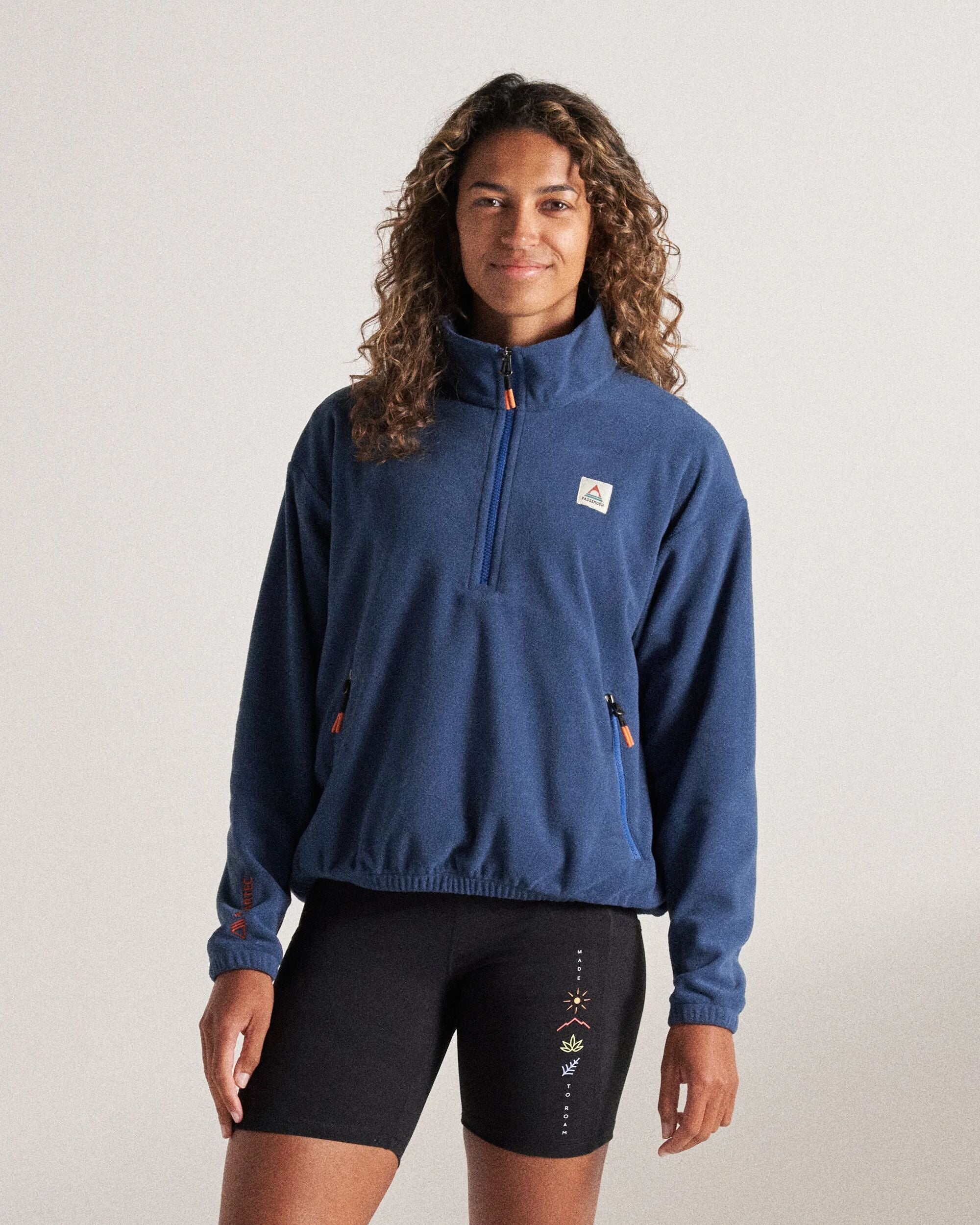 Ayla Recycled Micro Polartec® Fleece - Dark Denim - Studio Model
