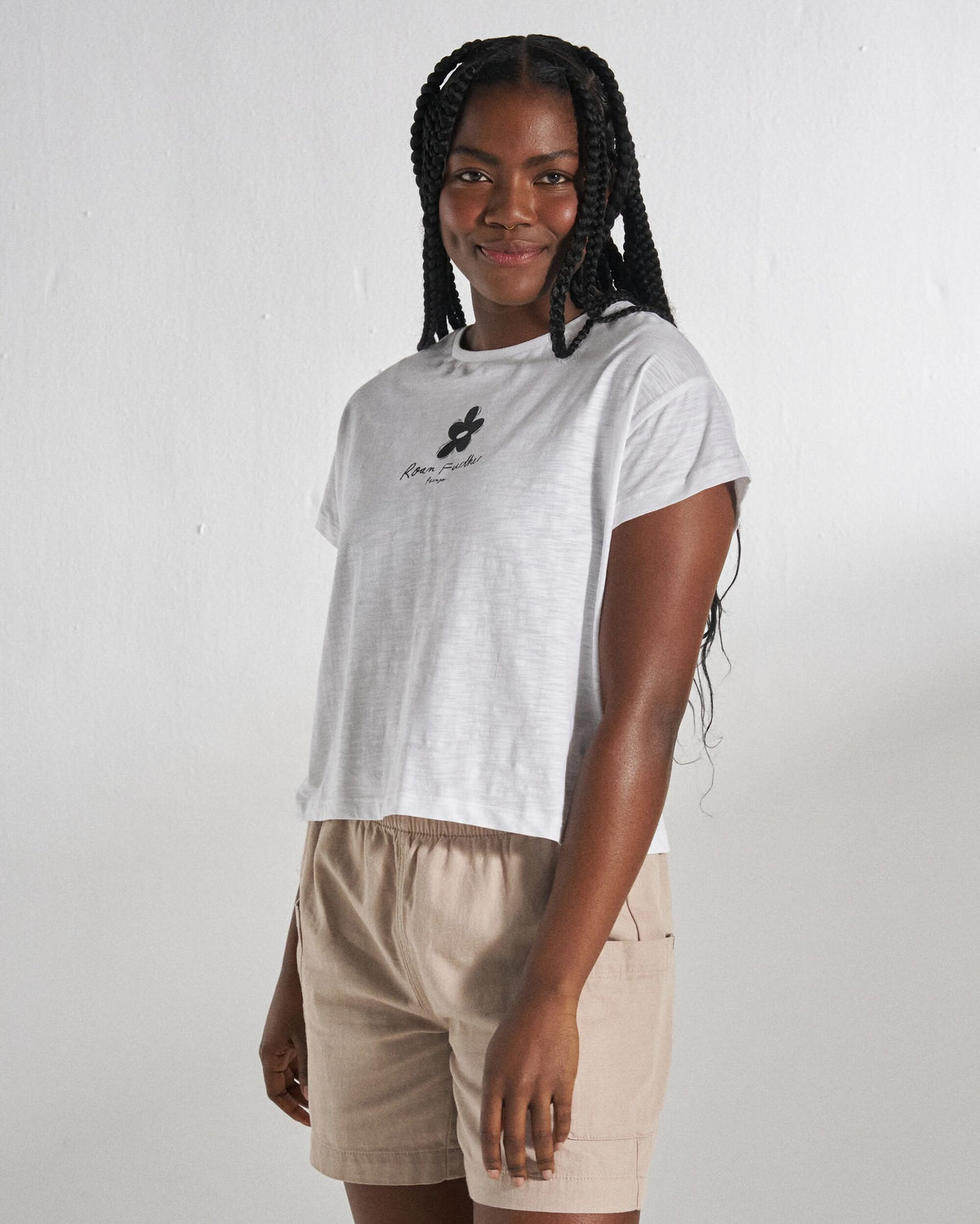 Roam Further T-Shirt - White - Studio Model