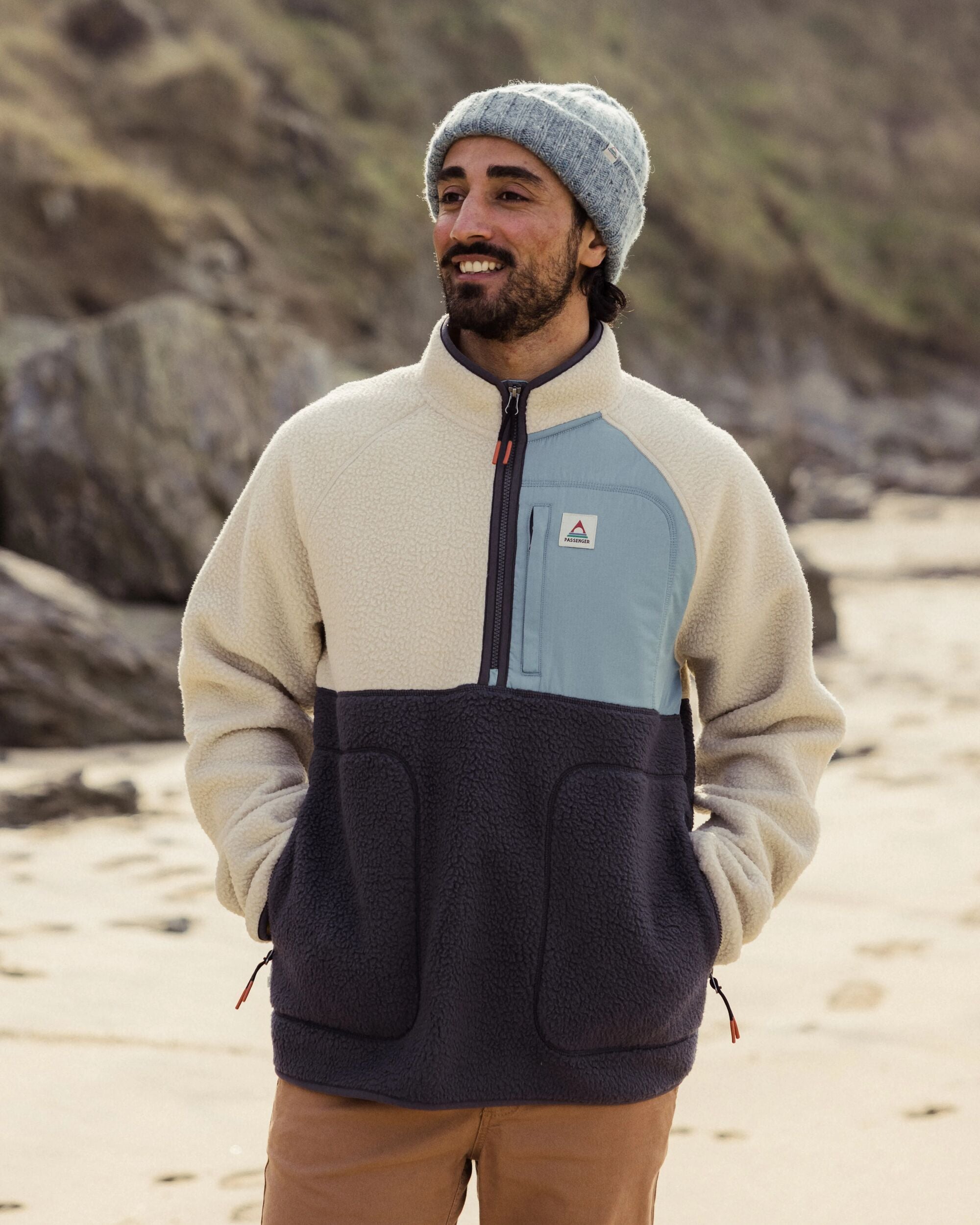 Offgrid 1/2 Zip Recycled Sherpa Fleece - Oatmeal/Charcoal - Lifestyle