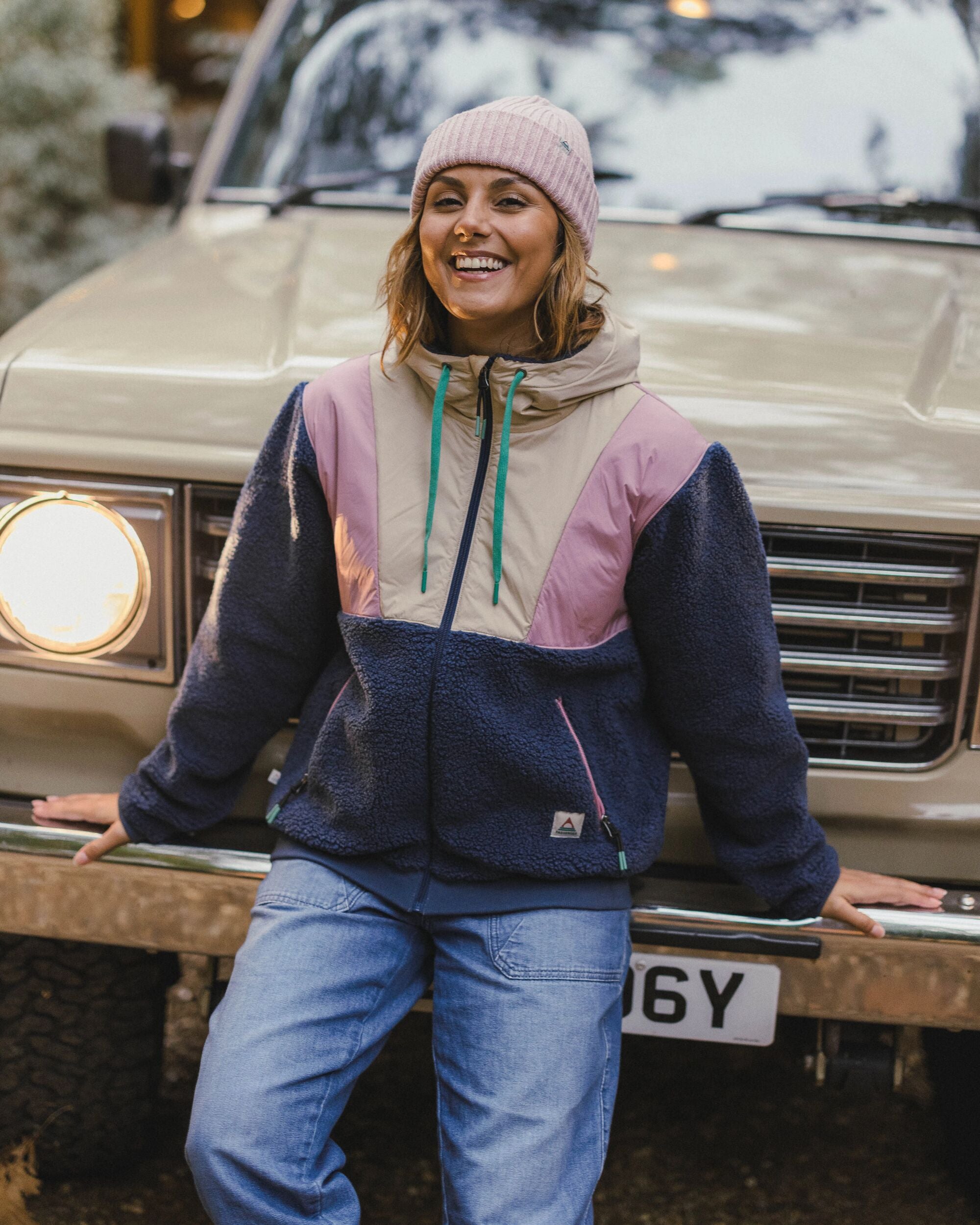 Joy Full Zip Hooded Sherpa Fleece - Dark Denim/Feather - Lifestyle