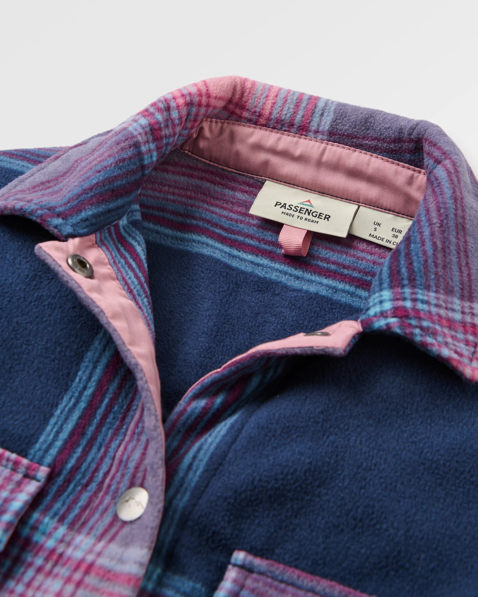 East Recycled Polar Fleece Shirt - Rich Navy/Pink Haze Check - Flatlay