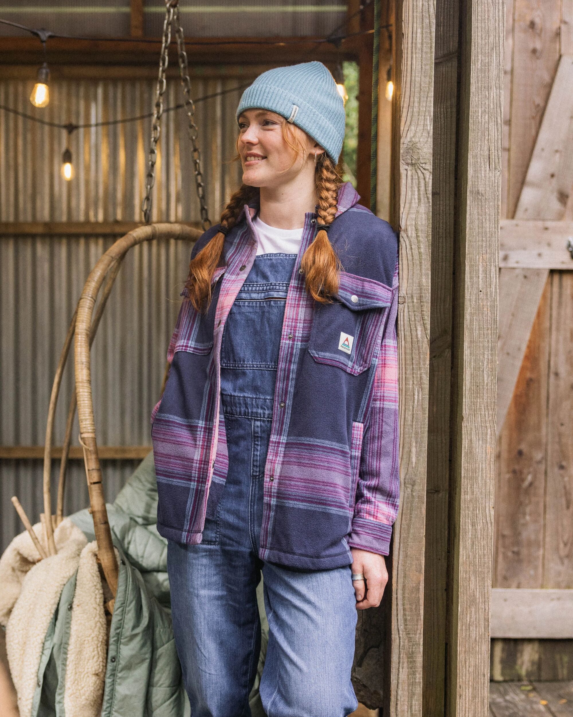 East Recycled Polar Fleece Shirt - Rich Navy/Pink Haze Check - Lifestyle