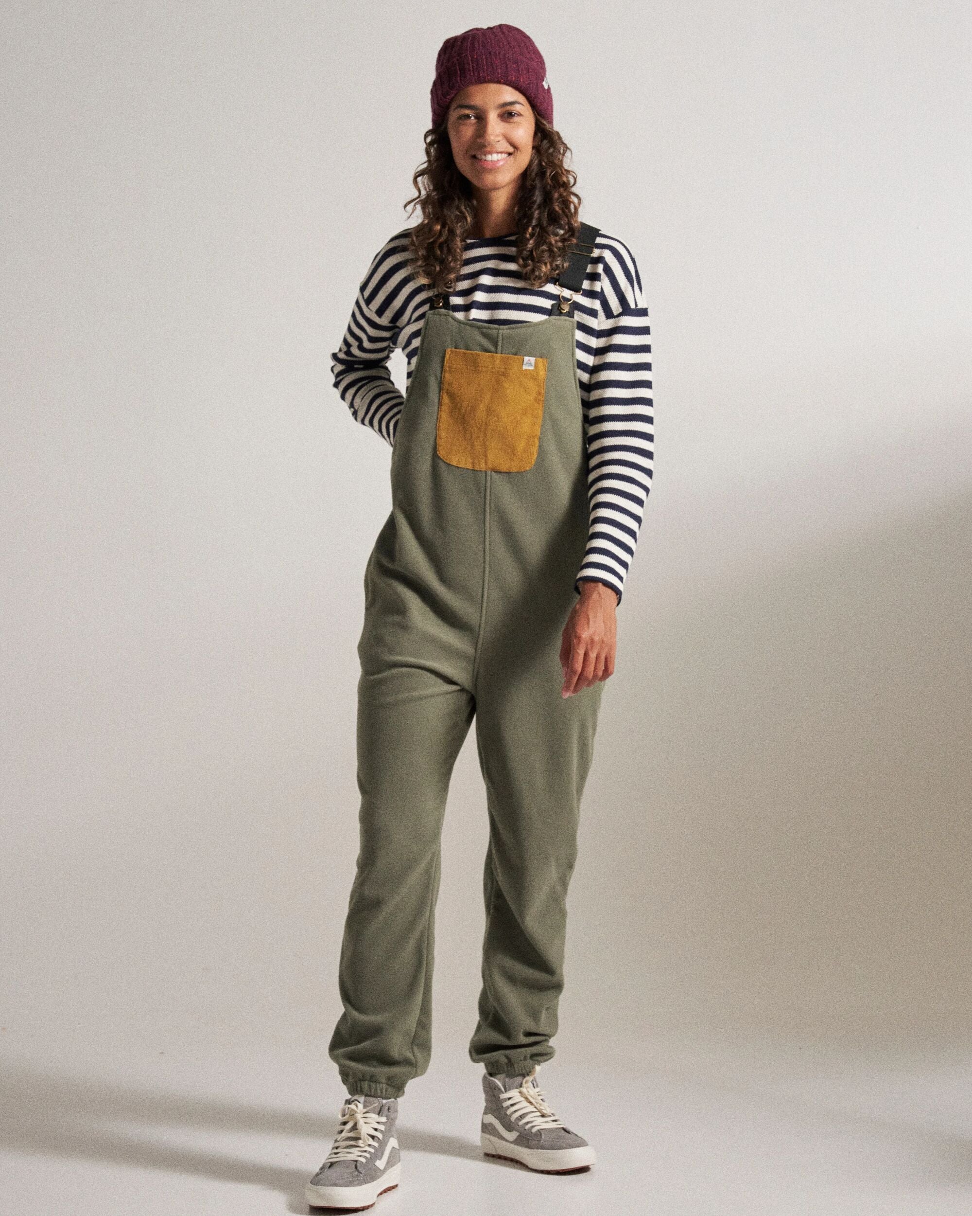 Ace Recycled Polar Fleece Dungarees - Dusty Olive - Studio Model