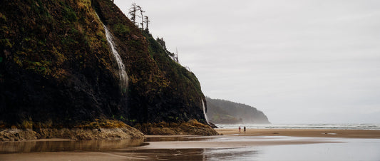 Foggy coastal landscape with two people running