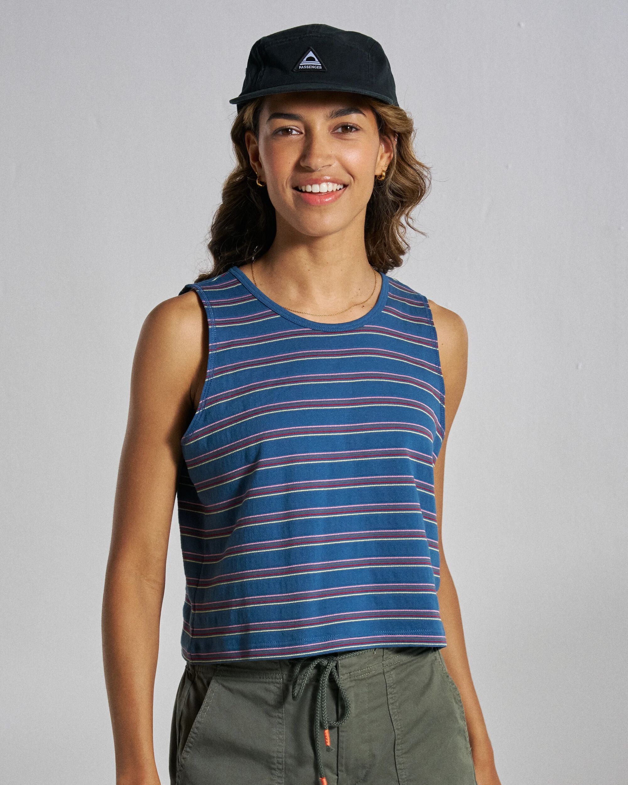 Retro Vibes Vest  - Dark Denim Stripe - Studio Model