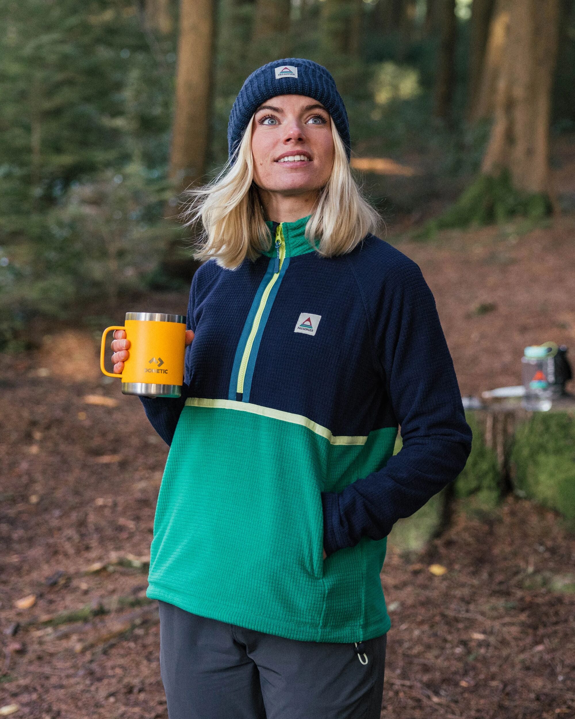 Off Trail Recycled Grid Polar Fleece - Rich Navy/Green Lake - Lifestyle