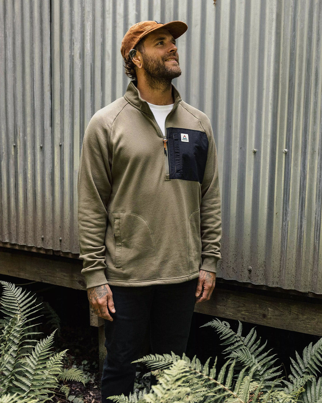 Offgrid 1/4 Zip Recycled Cotton Sweatshirt - Dusty Olive - Lifestyle
