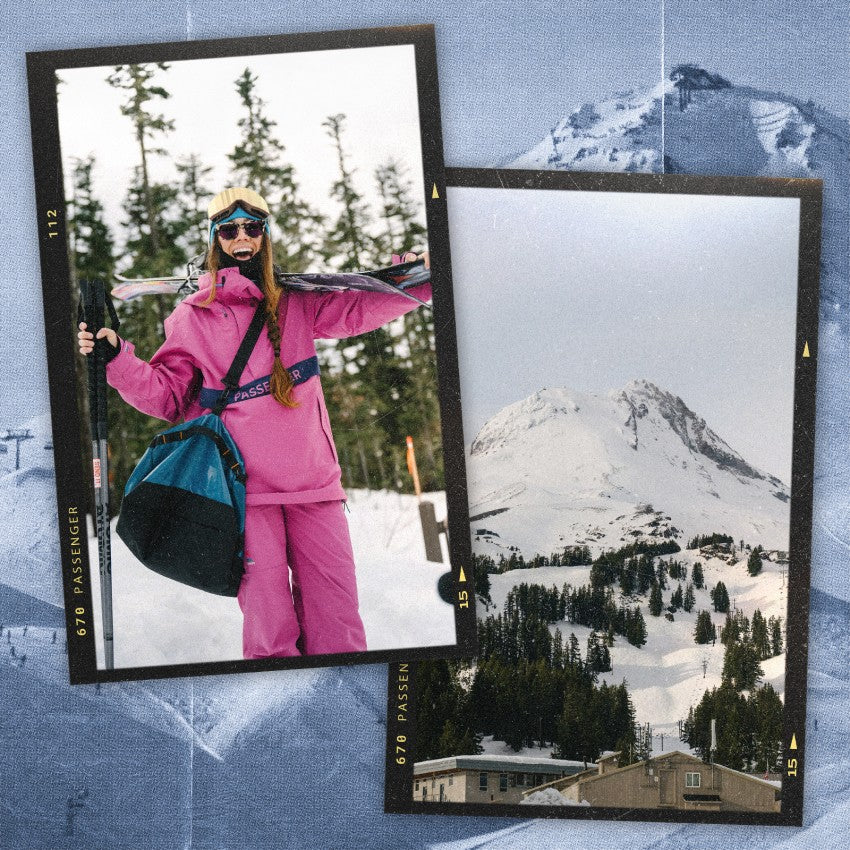 Two images. The first image shows a happy woman in the snow. The second image shows Mt Hood from the town.