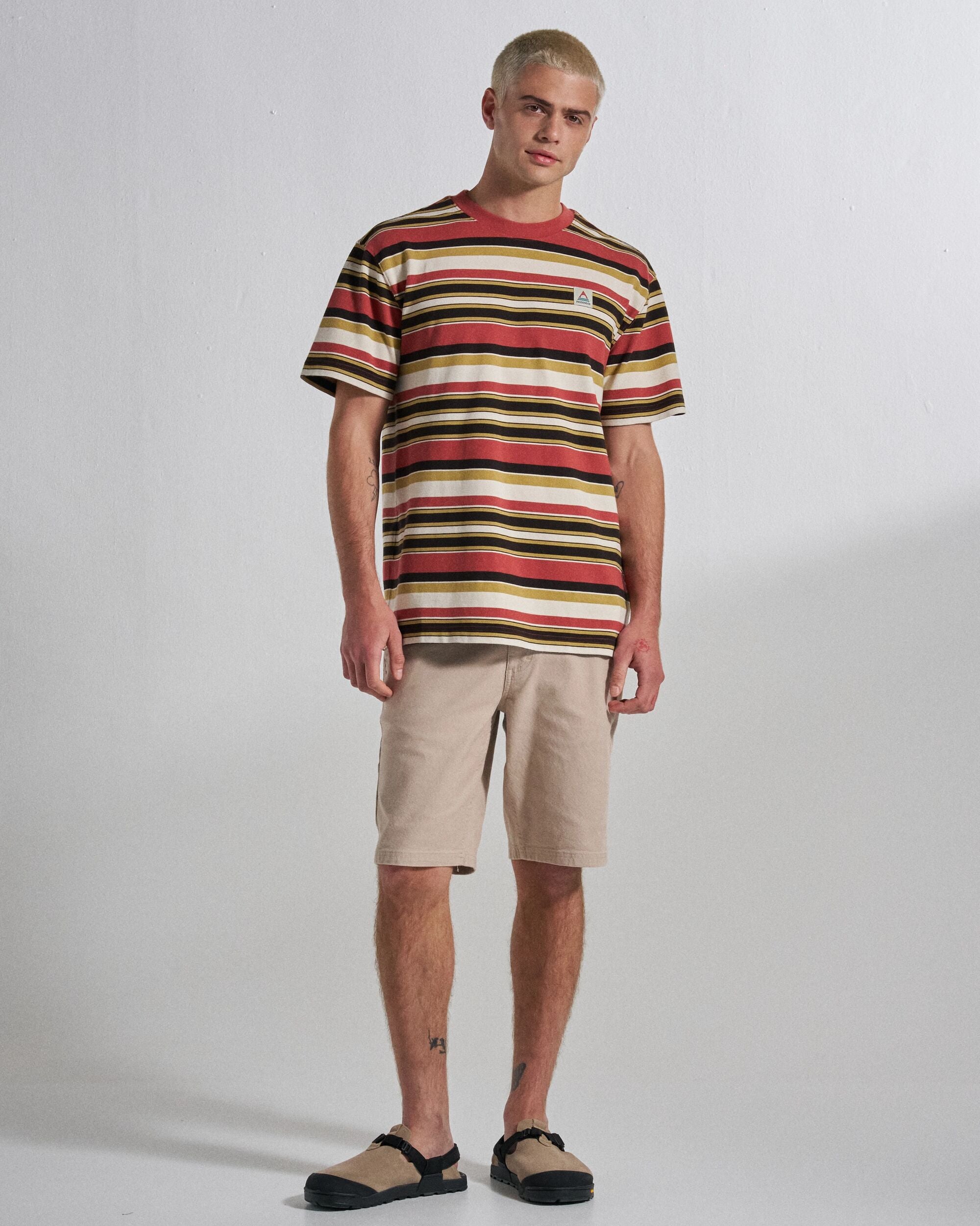 Wild Pine Stripe T-Shirt - Redwood Multi Stripe - Studio Model