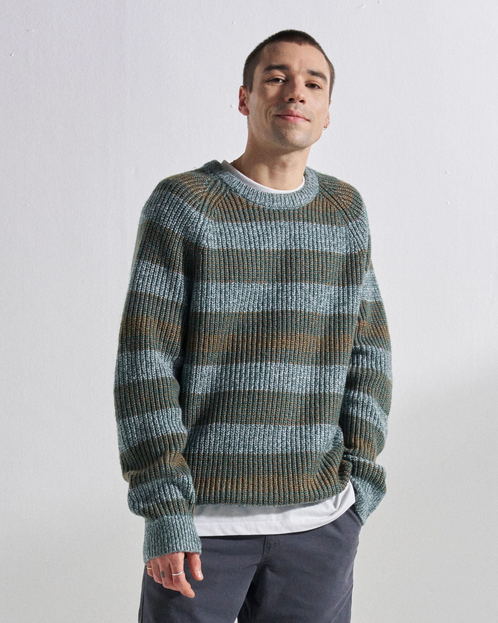 Fog Knitted Jumper - Faded Denim Multi Stripe - Studio Model