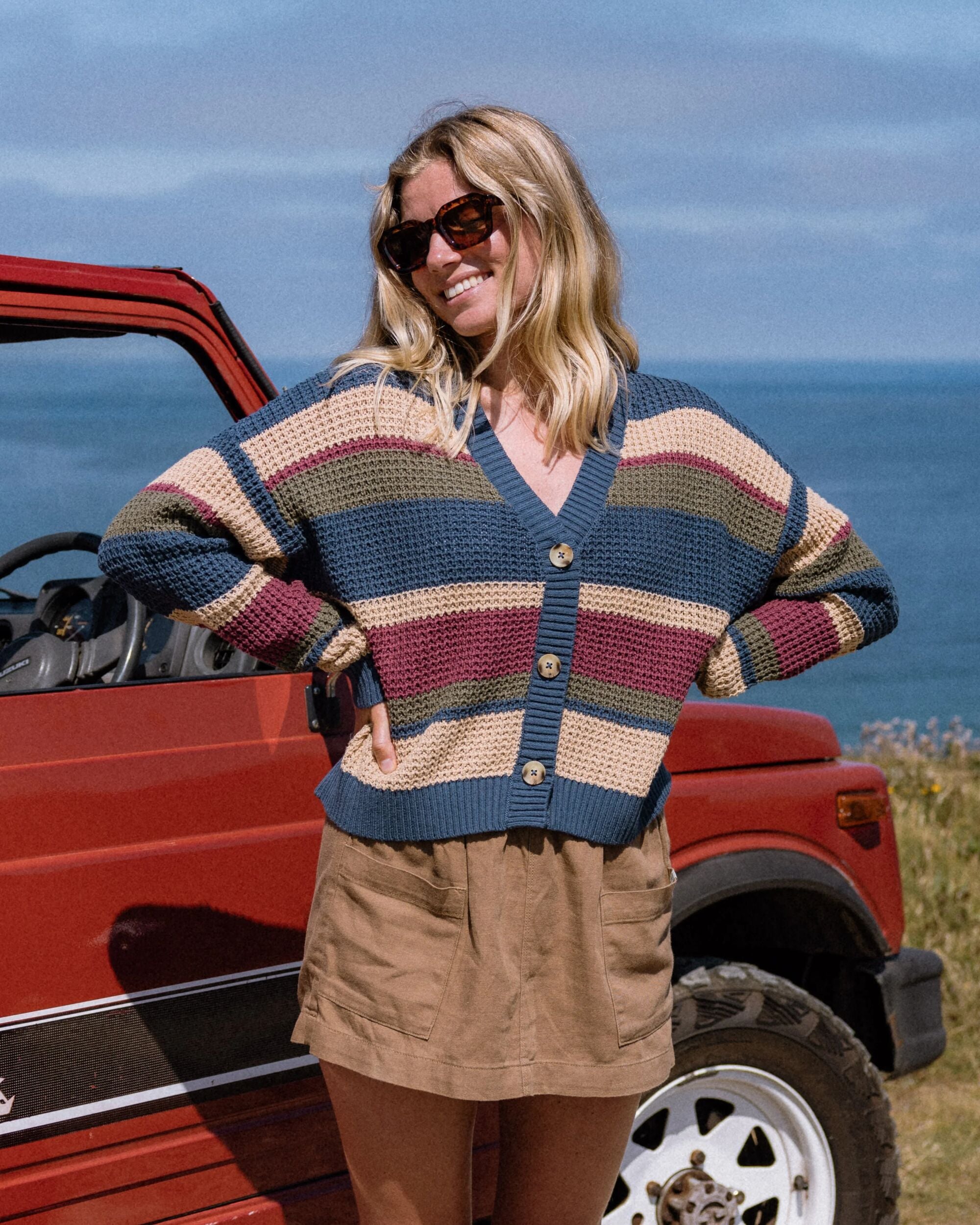 Reflection Open Knit Stripey Cardigan - Dusty Olive Multi Stripe - Lifestyle