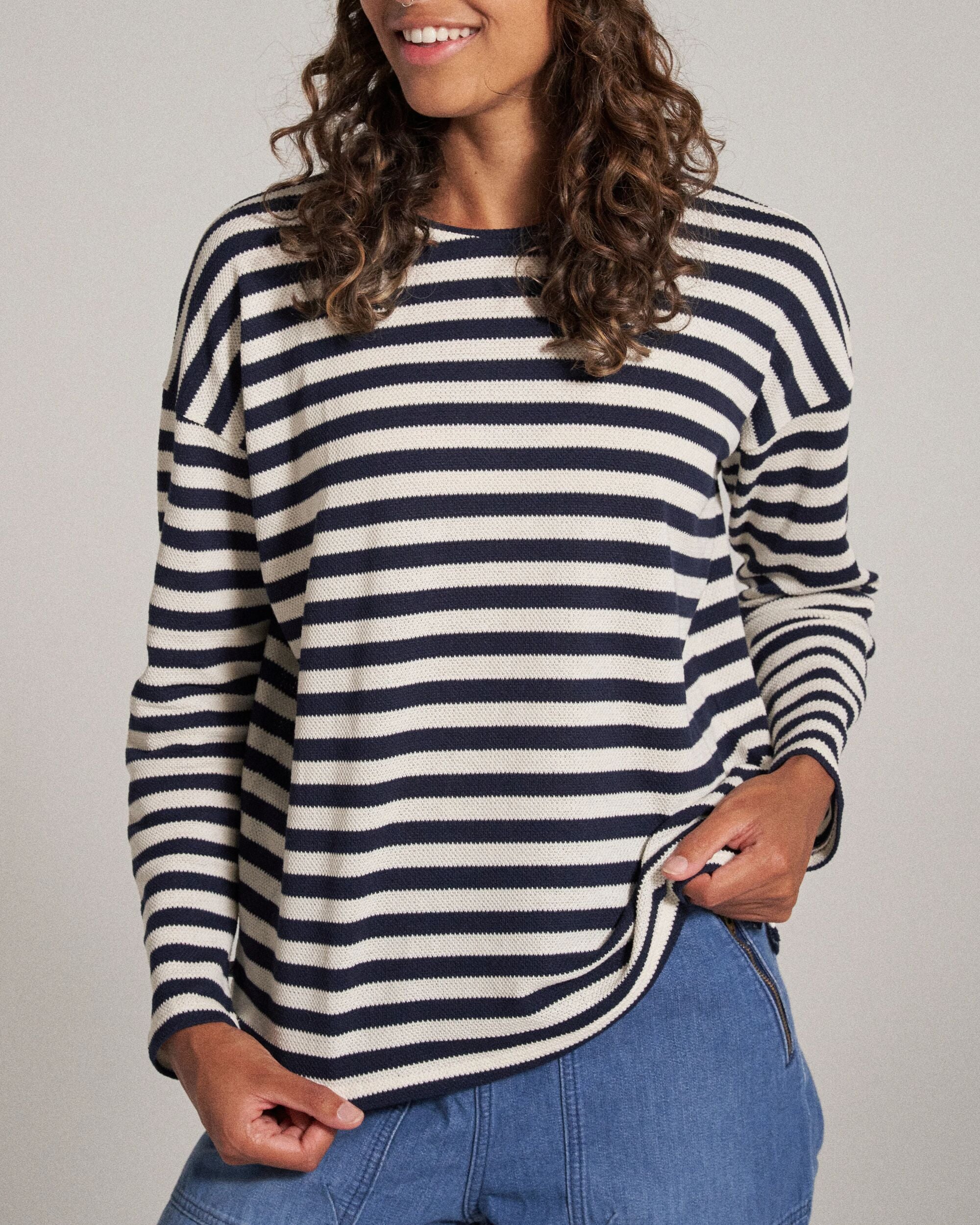 Panorama Striped LS T-Shirt - Deep Navy - Studio Model