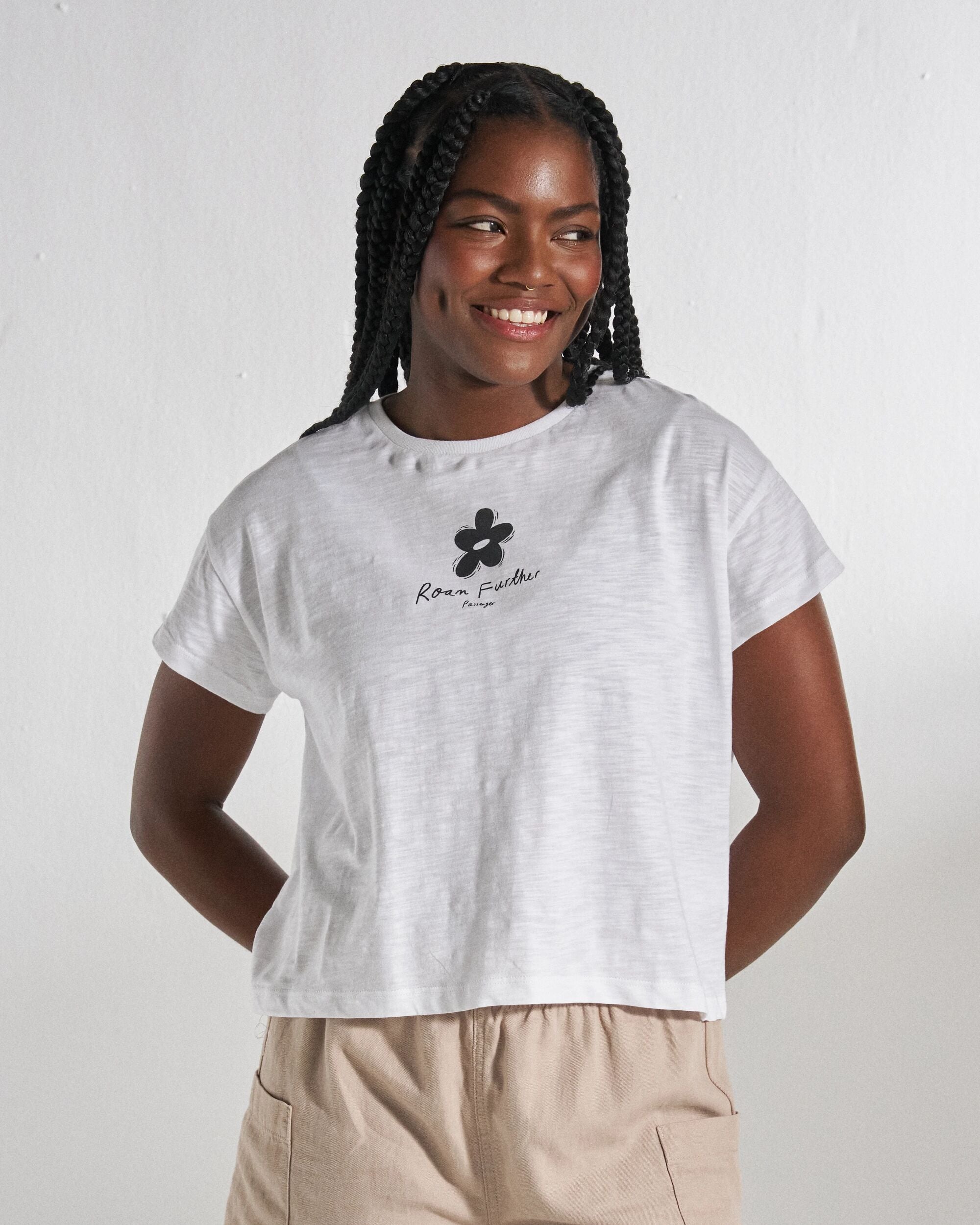 Roam Further T-Shirt - White - Studio Model