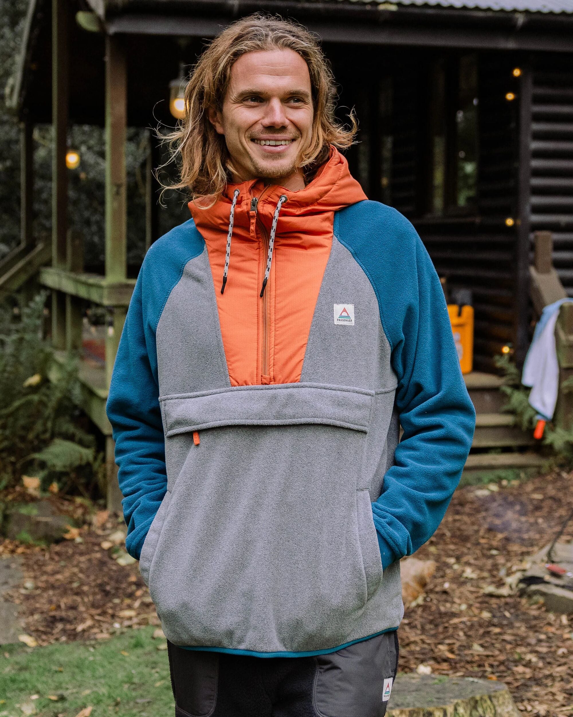 Woodland Hooded 1/2 Zip Recycled Polar Fleece - Grey Marl/ Tidal Blue - 