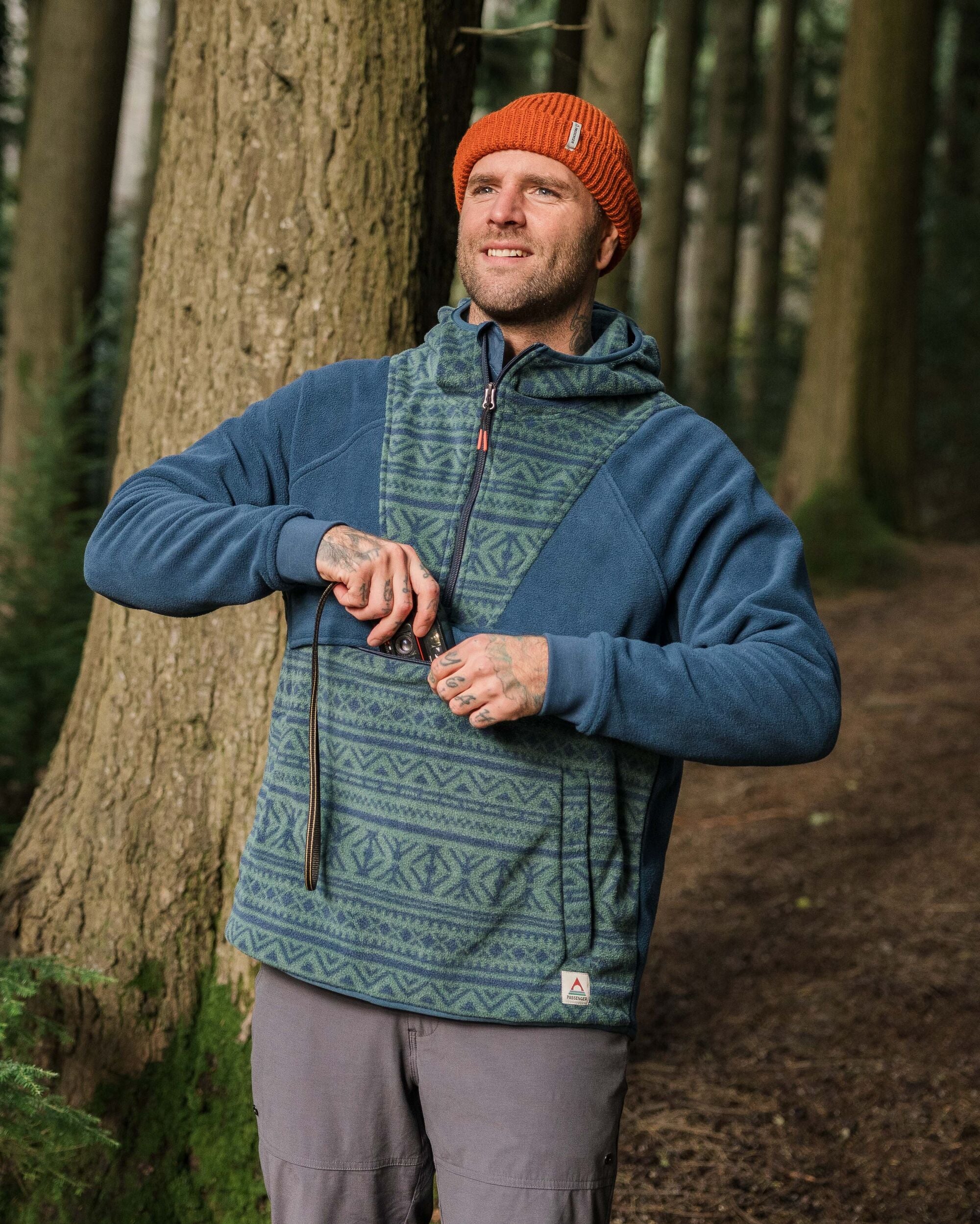 Edge Hooded 1/2 Zip Polar Fleece - Nordic Geo Deep Ocean - Lifestyle