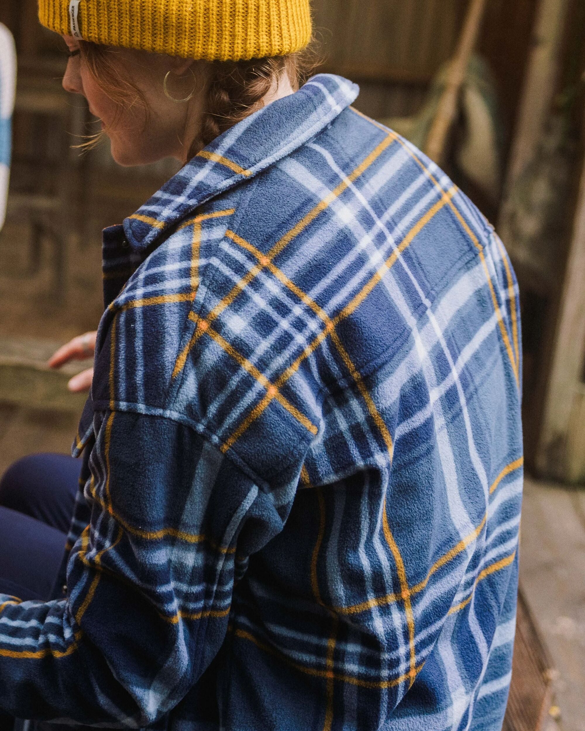 East Recycled Polar Fleece Shirt - Rich Navy/Faded Denim Check - Lifestyle