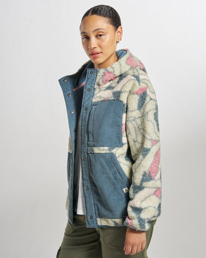 Clover Sherpa Fleece Hooded Jacket - Slower Rhythms Stormy Blue - Studio Model