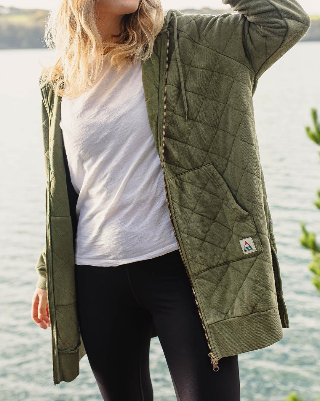 Getaway Recycled Cotton Quilted Full Zip Hoodie - Khaki