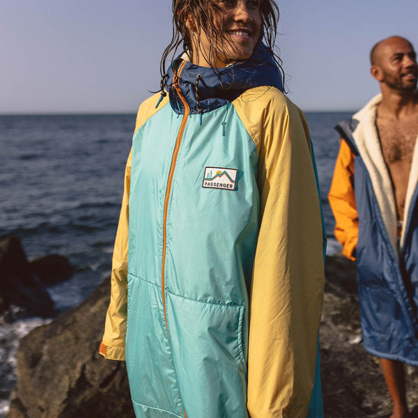 Womens_Roaming Sherpa Lined Changing Robe - Blue Turquoise/Ochre Yellow